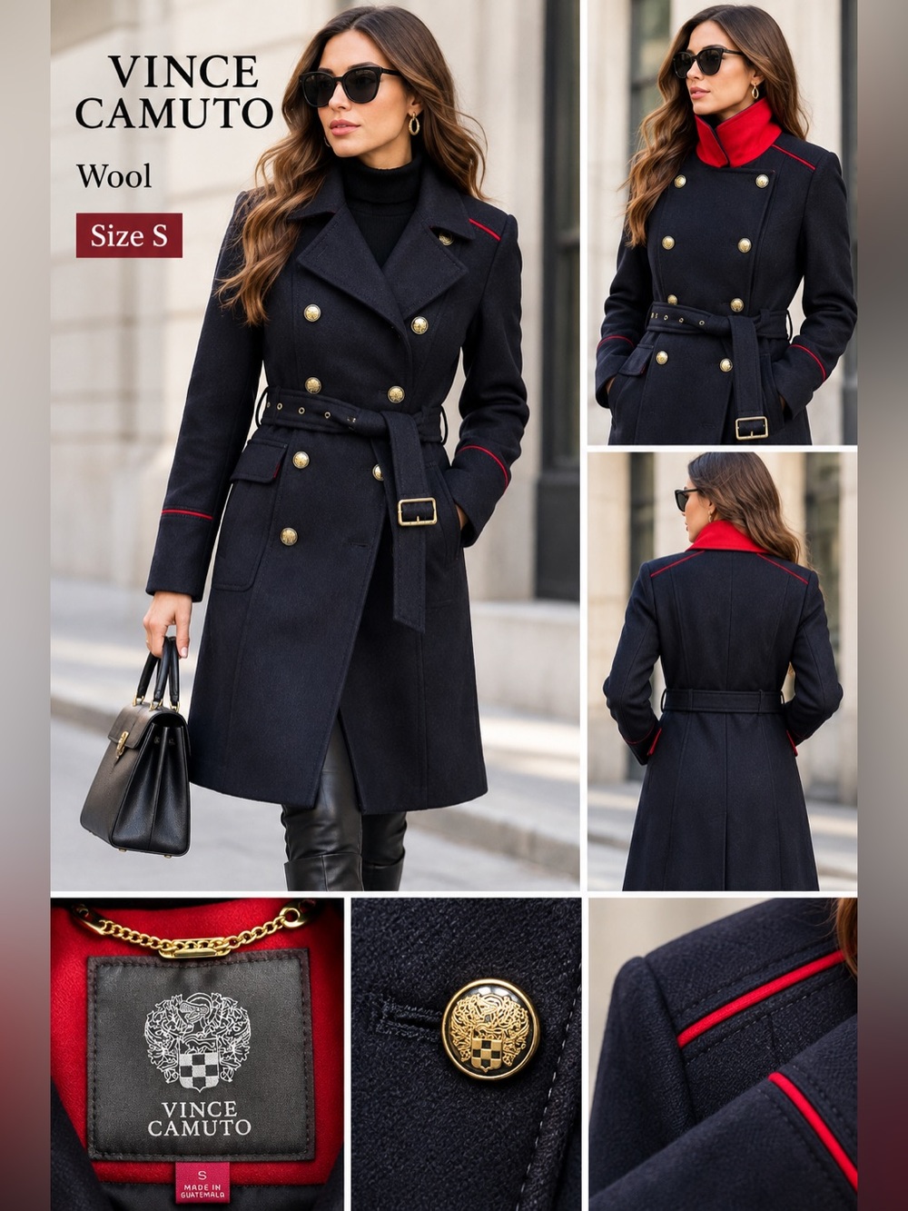 Vince Camuto Navy Wool Double-Breasted Pea Coat with Red Trim Sz S
